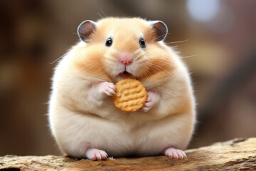 chubby hamster eating cookies - funny fastfood concept and obesity.