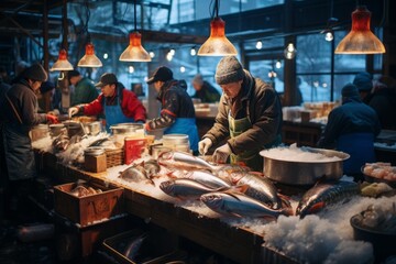 Lively Fish Market In Hokkaido, Generative AI - obrazy, fototapety, plakaty
