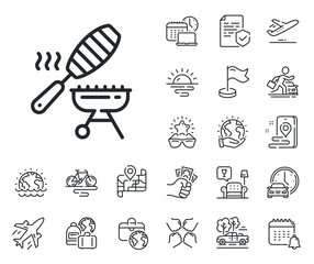 Barbecue fish basket sign. Plane jet, travel map and baggage claim outline icons. Grill line icon. Meat brazier cooker utensils symbol. Fish grill line sign. Car rental, taxi transport icon. Vector