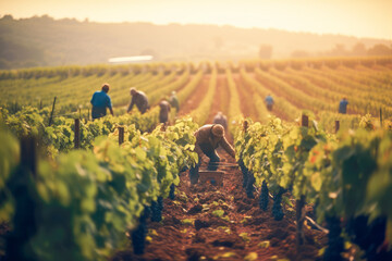 Workers harvesting grapes, a bounty of nature's finest, ready to craft the essence of exquisite wine. - obrazy, fototapety, plakaty