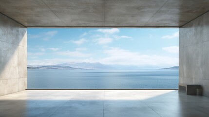 Abstract empty minimal open space concrete inerior with sunlight and an ocean view, 3d rendering, AI generated image