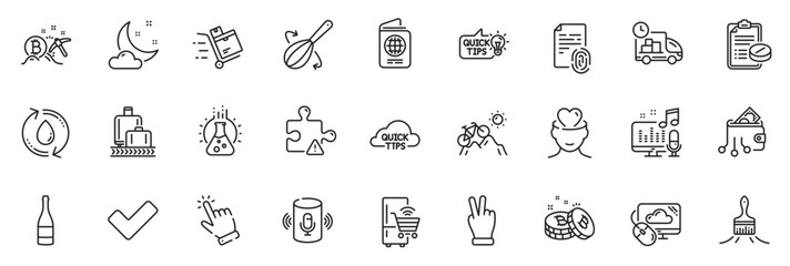 Icons pack as Baggage reclaim, Bitcoin and Night weather line icons for app include Fingerprint, Medical prescription, Voice assistant outline thin icon web set. Victory hand, Puzzle. Vector