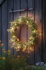 A Charming Traditional Swedish Midsommer Wreath Adorns a Wooden Door - AI generated