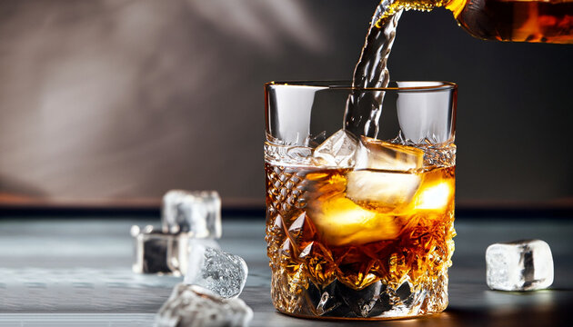 Pouring whiskey drink into a glass with ice.