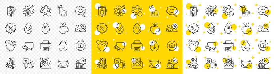 Outline Discount, Hot water and Confirmed mail line icons pack for web with Elevator, Food delivery, Video conference line icon. Freezing, Discounts offer. Yellow design with 3d stars. Vector
