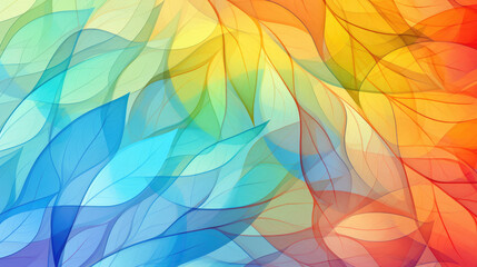 Colorful leaves on a bright gradient background, in the style of soft cubism, detailed feather rendering, translucent overlapping, futuristic chromatic waves, cartoon abstraction, mosaic AI Generative