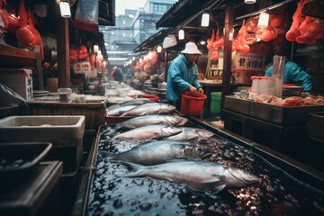 Fototapeta na wymiar Busting Fish Market In Tokyo Wide Lens, Generative AI 