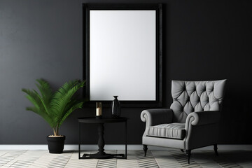 Poster frame mockup in black living room interior . Generative AI