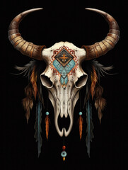 Bull skull with feathers native Americans tribal style.
