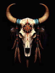 Bull skull with feathers native Americans tribal style.