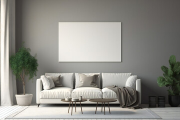 Poster frame mockup in gray living room interior . Generative AI