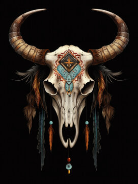Bull skull with feathers native Americans tribal style.