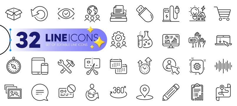 Outline set of Cogwheel, Share and Spanner tool line icons for web with Usb stick, Open box, Analytics graph thin icon. Scroll down, Sound wave, Teamwork pictogram icon. Pencil, Card. Vector
