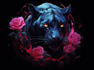 Panther and roses. Digital art.