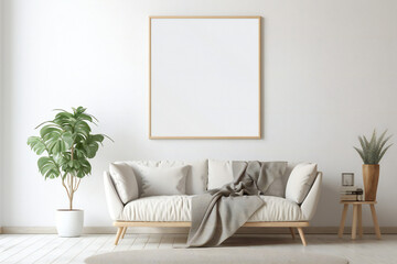 Poster frame mockup in white living room interior . Generative AI