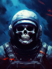 Dead astronaut. Skull in space suit on dark background. Digital art.