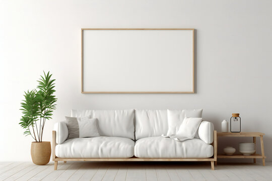 Poster frame mockup in minimalist living room interior . Generative AI