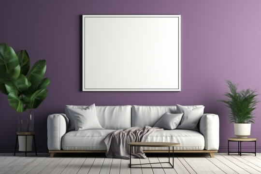 Poster frame mockup in purple living room interior . Generative AI