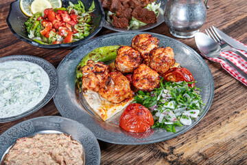 Turkish cuisine chicken shish. Chicken skewer, chicken kebab with grilled vegetables.