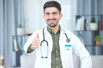 Thumbs up, portrait and doctor or man in healthcare support, thank you or excellence of hospital services. Medical professional or Saudi Arabia person like, yes and ok hand or emoji in clinic success