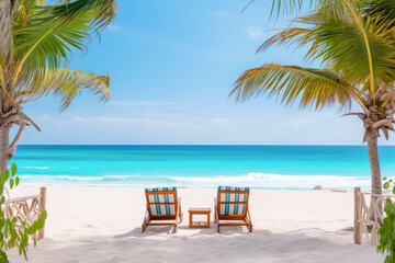 Obraz na płótnie Canvas Sunbeds or beach chairs at paradise tropical resort at the sea or ocean coast
