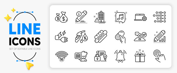 Security contract, Notebook service and 5g wifi line icons set for app include Building warning, Chef, Musical note outline thin icon. Notification bell, Coins bags, Edit pictogram icon. Vector