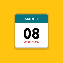 wednesday 08 march icon with black background, calender icon