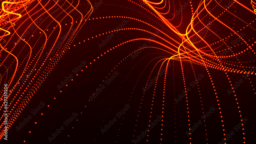 Poster Dynamic wave of glowing particles. Data flow information. Concept of digital communication. Technology or Science Banner. Big data visualization. 3D rendering.