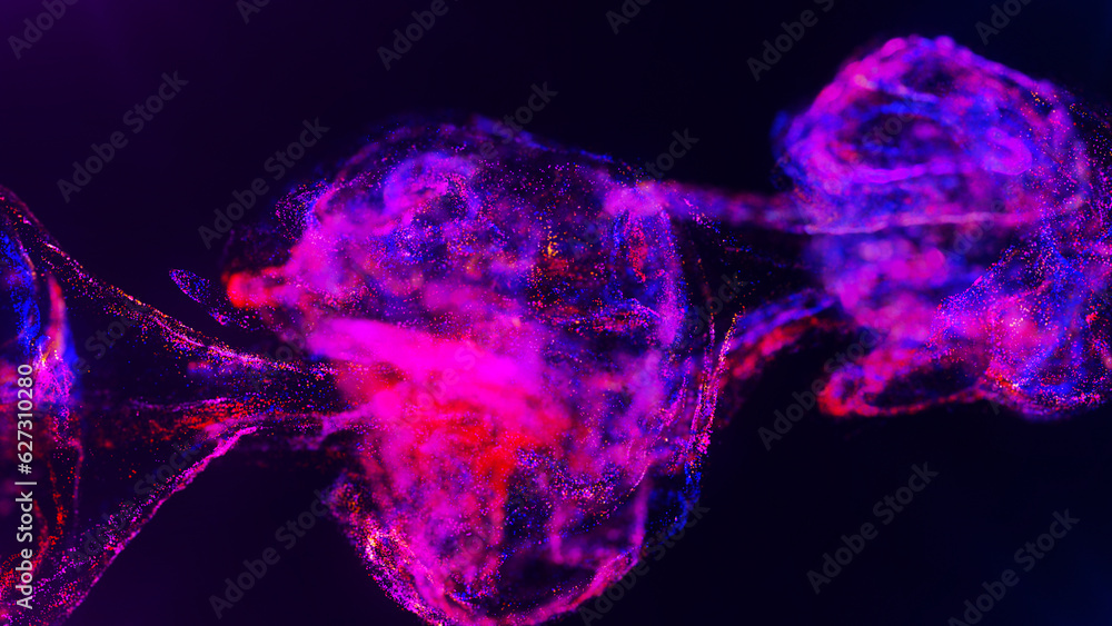 Poster abstract particles background. vivid color fluid particles. motion design background shining neon pa