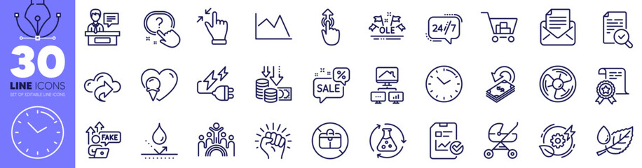 Certificate, Work home and Ice cream line icons pack. Report checklist, Question button, Time web icon. Touchscreen gesture, Fake internet, Internet shopping pictogram. Swipe up. Vector