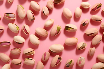 Pistachios on pastel pink background flat lay. Minimal concept. Fashion food style.
