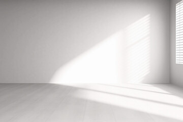 Empty room with a wall background. Natural shadows overlaying a white textured backdrop.