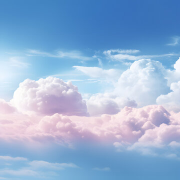 Beautiful background image of a romantic blue sky with soft fluffy pink clouds. Wallpaper