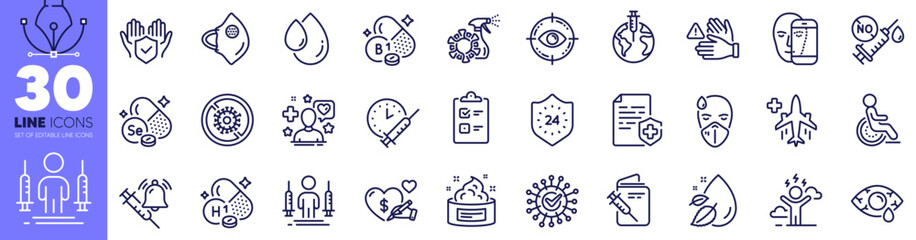 Water drop, Vitamin h1 and Medical certificate line icons pack. Vaccination schedule, Skin cream, Stop coronavirus web icon. Vaccine announcement, Coronavirus injections, Dont touch pictogram. Vector