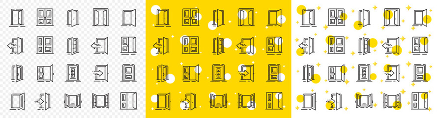Open door, Building entry, Emergency exit. Entrance line icons. Closed doorway, Doorframe, House entrance outline icons. Door knob, home entry, building access. Interior gate, double door. Vector