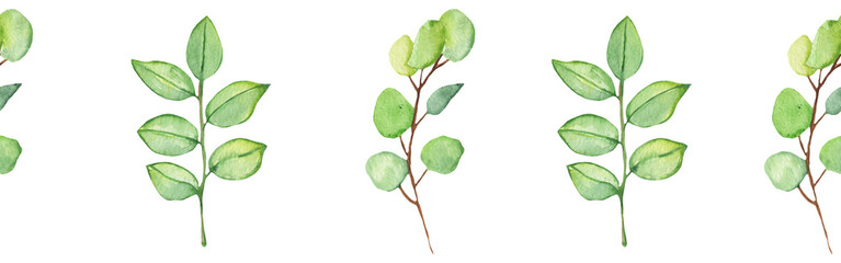 Seamless border green leaves trees and branches, foliage of natural branches, green leaves, herbs, tropical plants hand drawn watercolor on white background.