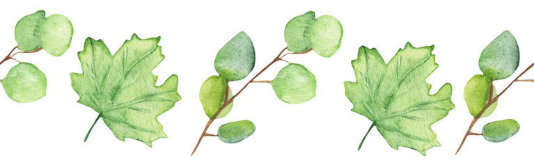 Seamless border green leaves trees and branches, foliage of natural branches, green leaves, herbs, tropical plants hand drawn watercolor on white background.