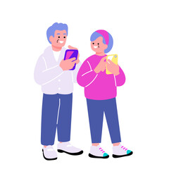 スマートフォンを使う笑顔のシニア夫婦のイラスト
