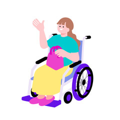 車椅子に座る笑顔の若い女性のポップなイラスト
