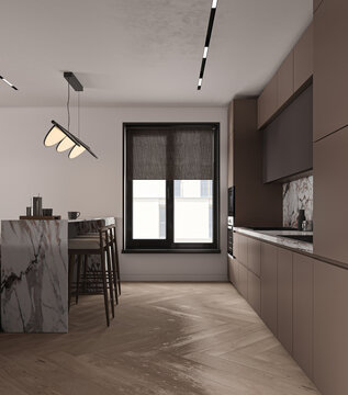 Modern minimalism style apartment kitchen interior design. Ceiling with lighting. Decoration wooden cabinet and marble counter top. 3d rendering. High quality 3d illustration