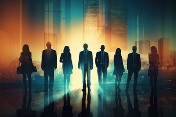 Silhouettes of business people standing in front of the city background.Generative Ai