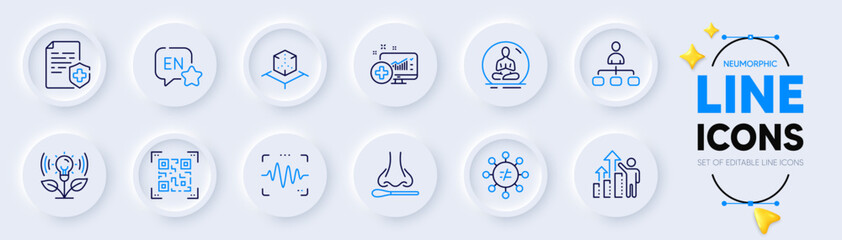 Yoga, English and Management line icons for web app. Pack of Voice wave, Medical analytics, Employee results pictogram icons. Medical certificate, Augmented reality, Nasal test signs. Vector