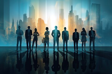 Fototapeta premium Silhouettes of business people standing in front of the city background.Generative Ai
