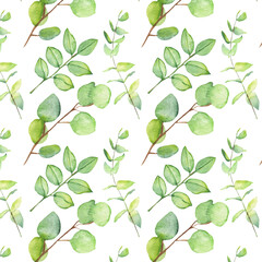 Seamless pattern green leaves trees and branches, foliage of natural branches, green leaves, herbs, tropical plants hand drawn watercolor on white background.