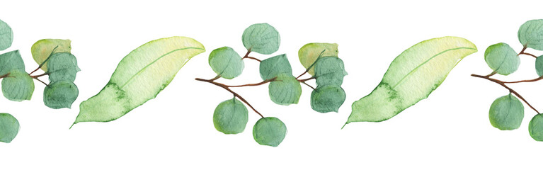 Seamless border green leaves trees and branches, foliage of natural branches, green leaves, herbs, tropical plants hand drawn watercolor on white background.