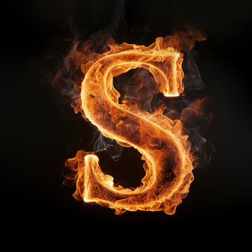 Capital letter S consisting of a flame. Burning letter S. Letter of fire flames alphabet on black background.