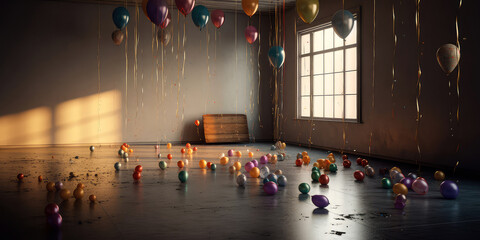 Interior of living room, apartment decoration balloons, lights, confetti. Celebration, holidays, anniversary. background for birthday party. Photo Zone.Generative Ai