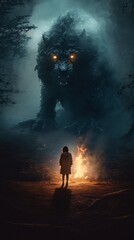 Girl and the Mysterious Beast: Amidst the Firelight. Generative AI.