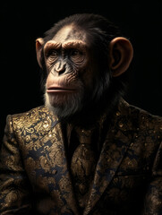 A character portrait depicts an anthropomorphic businessman as a chimpanzee wearing sophisticated and formal business attire.