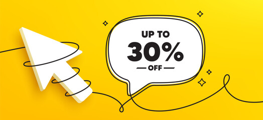 Up to 30 percent off sale. Continuous line chat banner. Discount offer price sign. Special offer symbol. Save 30 percentages. Discount tag speech bubble message. Wrapped 3d cursor icon. Vector - obrazy, fototapety, plakaty